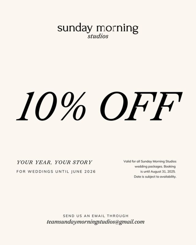 As we quietly celebrate our 12th year in the industry, we thought it’s time to open up space for more honest stories.😌  Here’s a little offer for future brides and grooms who are still planning — and holding space for something meaningful.🥹  We’re opening up 10% off on all our wedding packages —for weddings happening anytime until June 2026.☺️  ⸻  ✨Valid for all Sunday Morning Studios wedding packages.
✨Booking is open until August 31, 2025.
✨For new bookings only.
✨Wedding date is subject to availability.  ⸻  You may reach us through the contact form in our profile or email us at teamsundaymorningstudios@gmail.com ☺️  We’re excited to hear from you!